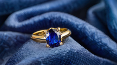 This exquisite gold ring features a captivating blue gemstone set against a plush blue fabric background, showcasing its elegance and beauty.の素材