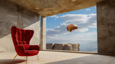 This surreal image features a vibrant red chair in a minimalist room, with a floating brain visible through the expansive window, inspiring creativity and reflection.の素材