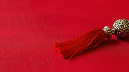 A striking image featuring a luxurious red fabric background complemented by a traditional Chinese tassel. This artwork conveys elegance and cultural richness, ideal for festive themes.の素材