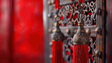A close-up of intricate tassels hanging from a beautifully carved wooden panel, set against a vivid red backdrop, showcasing exquisite craftsmanship and rich cultural heritage.の素材