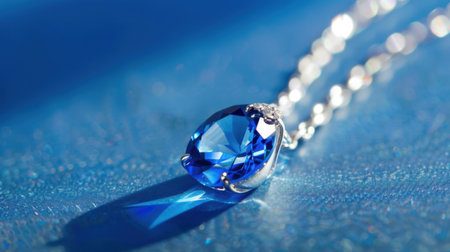 Captivating close-up of an elegant blue gemstone pendant, showcasing its brilliant cut and stunning sparkle against a shimmering background.の素材