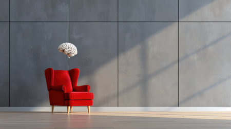 A vibrant red armchair placed against a sleek gray wall features a unique brain concept above, symbolizing creativity and innovative thinking in modern decor.の素材