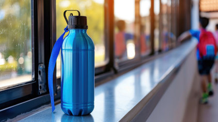 A bright blue water bottle sits on a sunlit windowsill, emphasizing hydration and fitness in a casual environment with blurred figures in the background.の素材