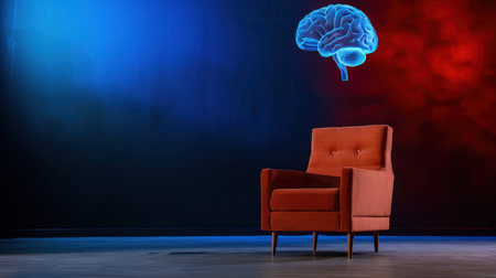 A striking armchair sits in a stylish setting beneath a floating brain illustration, representing creativity and mental exploration in a modern space.の素材