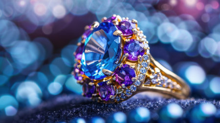 A beautifully detailed gold ring featuring a striking blue centerpiece surrounded by purple gemstones, set against a dreamy bokeh light background.の素材