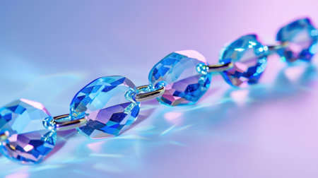 Stunning close-up of blue crystal beads arranged elegantly, showcasing their brilliance and captivating reflections against a softly lit background.の素材