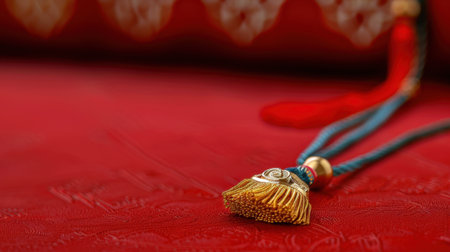 This image features an ornate tassel resting on a vibrant red textile. The intricate patterns and textures symbolize cultural richness and craftsmanship.の素材