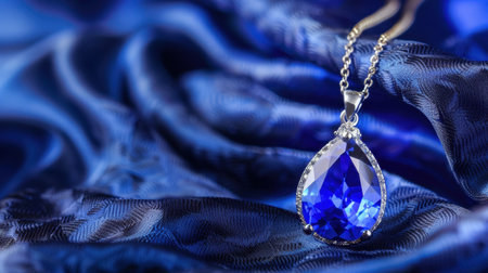 This image features a breathtaking blue gem pendant necklace delicately resting on luxurious satin fabric, perfect for showcasing jewelry fashion and elegance.の素材