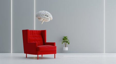 This captivating image features a modern red armchair with a surreal floating brain against a minimalist backdrop. Ideal for creative and innovative themes.の素材