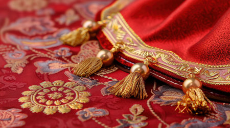 This image captures the beauty of a luxurious red textile featuring intricate golden embroidery and elegant tassels. Perfect for showcasing rich textures in decor.の素材