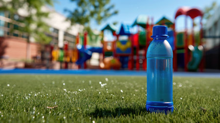 A vibrant playground setting captures a blue water bottle resting on lush green grass. Colorful equipment and sunny atmosphere indicate endless fun and joyful activities for children.の素材