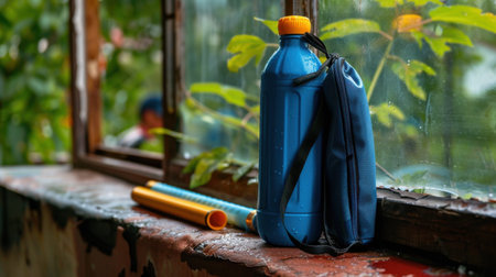 A vibrant blue water bottle with an orange cap rests on a windowsill, flanked by lush green plants, evoking a serene and refreshing atmosphere.の素材