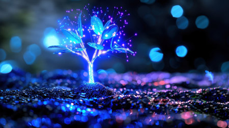A mesmerizing glowing tree surrounded by twinkling lights creates a magical atmosphere. This enchanting scene captures the beauty of nature intertwined with fantasy.の素材