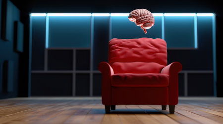 A striking image of a red armchair with a floating brain above it, symbolizing creativity and the mental space needed for imaginative thought in a modern interior.の素材