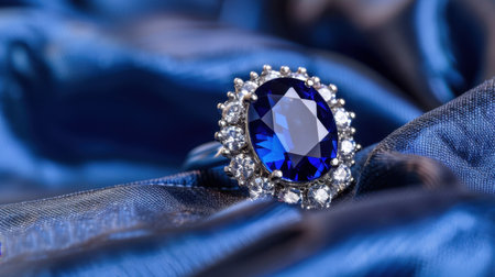 A stunning blue sapphire ring embellished with sparkling diamonds rests elegantly on luxurious satin fabric. The close-up shot highlights the brilliant craftsmanship and beauty, perfect for showcasing luxury jewelry.の素材