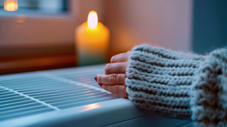 A close-up image captures a warm hand resting on a radiator, surrounded by the gentle glow of candlelight in a cozy indoor setting. Perfect for evoking relaxation.の素材