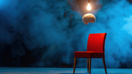 A striking scene featuring a red chair illuminated by a glowing light, with a floating brain above amidst smoke, evoking thoughts on creativity and imagination.の素材