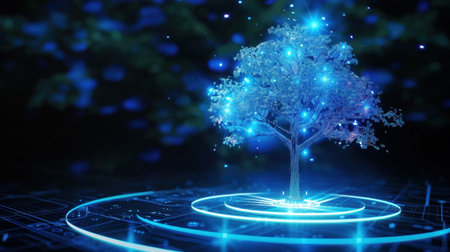 A striking digital depiction of a glowing tree set against a dark backdrop, symbolizing the integration of nature and technology in a futuristic landscape.の素材