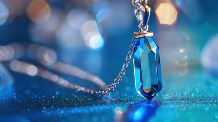 An exquisite blue crystal pendant hanging elegantly from a silver chain, set against a shimmering background. Perfect for jewelry lovers and fashion enthusiasts.の素材