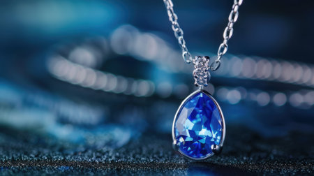 A stunning blue gemstone pendant necklace showcased on a soft focus background. The exquisite design and radiant shine make it a perfect accessory for special occasions.の素材