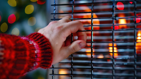 A close-up image captures a hand reaching toward a warm fire, framed by a metal grate. The soft glow of embers contrasts with festive holiday lights.の素材