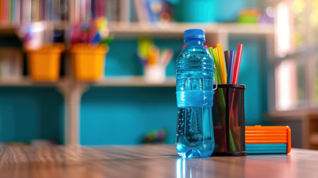 A vibrant and inspiring classroom setting showcasing a blue water bottle next to a cup of colorful art supplies on a wooden table, inviting creativity.の素材