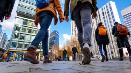 Captivating urban scene of pedestrians walking through a lively city street, showcasing modern architecture, vibrant atmosphere, and dynamic lifestyle.の素材