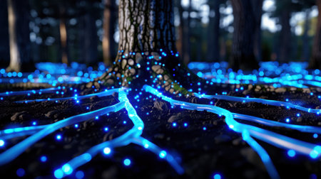 Discover a mesmerizing scene featuring illuminated roots that glow in a mystical forest, creating a surreal ambiance of nature and technology intertwined.の素材