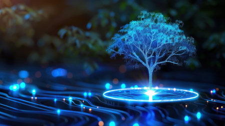 A captivating digital tree emerges from a glowing platform, surrounded by soft energy waves and luminous particles, creating a serene and mystical atmosphere.の素材