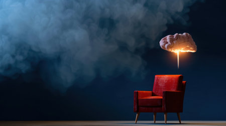 A captivating illustration featuring a red velvet chair with a floating brain above creating a dreamy ambiance, symbolizing creativity and imagination.の素材