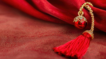 This image showcases an elegant red textile accompanied by a decorative tassel with golden accents, perfect for inspiring stylish interior decor or textile design.の素材