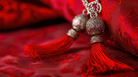 This image showcases beautiful red tassels adorned with intricate silver accents, resting on a rich textured fabric. Perfect for designs emphasizing elegance and tradition.の素材