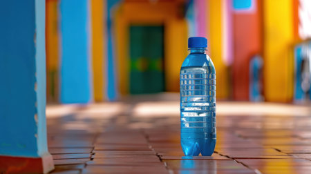 A clear blue water bottle stands alone on a vibrant tiled floor in a colorful hallway, showcasing a refreshing sense of hydration and vitality.の素材