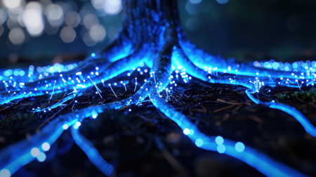 This captivating image showcases glowing blue roots of a tree, creating an ethereal atmosphere in a tranquil forest at night. The luminescent roots add a magical touch to the natural environment, inviting viewers into a serene and enchanting woodland scene.の素材