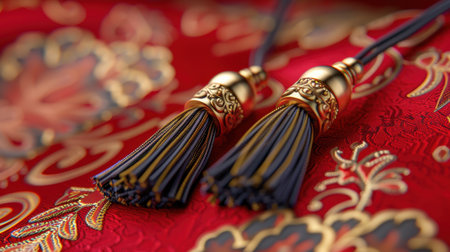 This captivating image showcases elegant tassels adorned with golden accents against a backdrop of luxurious red fabric, highlighting intricate floral patterns.の素材