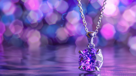 This stunning image showcases an elegant purple crystal pendant necklace resting on a shimmering surface, surrounded by a dreamy bokeh background.の素材