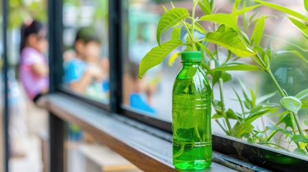 A vibrant green water bottle sits on a wooden shelf, surrounded by lush plants. Children are playfully engaged in the background, creating a lively atmosphere.の素材