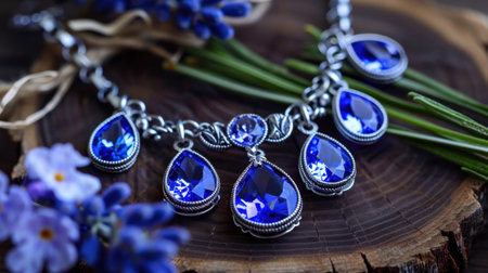 This exquisite blue gemstone necklace features intricate silver detailing, beautifully complemented by vibrant greenery and delicate flowers. Perfect for any elegant occasion.の素材