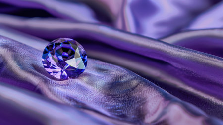 A stunning purple gemstone rests on a silken satin fabric, creating a luxurious and elegant composition. The natural light enhances the gem's brilliance and sparkle.の素材