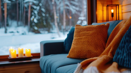 This inviting living room scene features a comfortable couch adorned with textured pillows and a cozy blanket, complemented by glowing candles and a snowy view outside.の素材