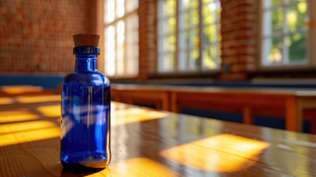 A vibrant blue glass bottle with a cork stopper sits on a wooden table, illuminated by soft sunlight streaming through large windows, creating a warm atmosphere.の素材