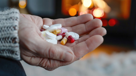 A hand gently cradles a variety of colorful pills and capsules, symbolizing health and wellness, set against a warm, inviting fireplace.の素材