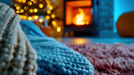 A serene living room setting featuring a knitted blanket on a soft rug, warm fireplace glow, and sparkling Christmas tree lights, creating a cozy atmosphere.の素材
