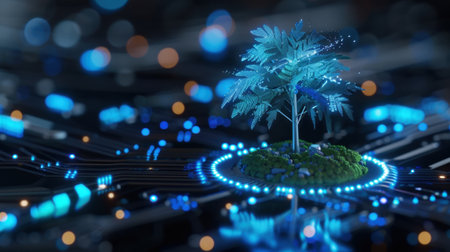 A striking blend of nature and technology, this image features a tropical tree flourishing on a glowing circuit board island, showcasing innovation and creativity.の素材