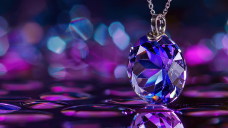 This captivating image features a stunning blue pendant necklace glistening with reflections. Its vibrant colors blend beautifully with a colorful bokeh background, creating an artistic representation of elegance and beauty in jewelry design.の素材
