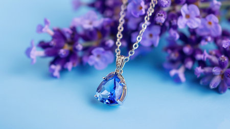An exquisite blue drop pendant necklace rests elegantly among soft purple flowers, creating a captivating visual on a light blue background. Perfect for showcasing beauty and style.の素材