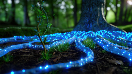 A captivating view of glowing blue roots gently spreading across the forest floor, surrounded by vibrant grass and towering trees, creating a magical atmosphere.の素材