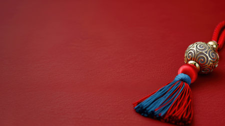 This stunning image features an elegant tassel adorned with gold and blue on a vibrant red background, perfect for themes of culture and artistry.の素材