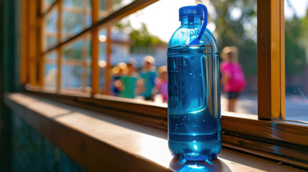A vibrant blue water bottle rests on a sunlit windowsill, with a lively outdoor activity scene featuring people in the blurred background. This image symbolizes hydration and healthy living.の素材