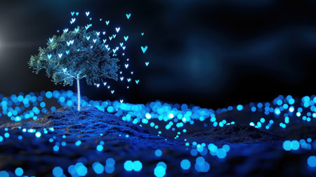 A mesmerizing scene featuring a solitary tree illuminated by sparkling blue hearts, set against a mysterious night landscape filled with glowing lights.の素材